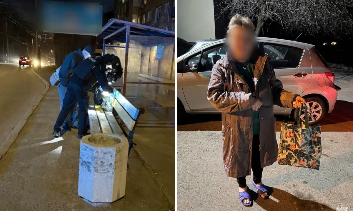 Патрульні оглядають загублені речі, і жінка з повернутими речами.