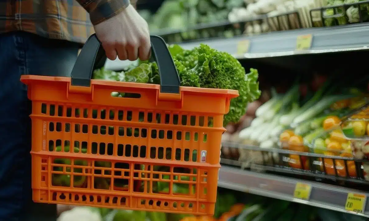 В супермакеті. У кошику лежить головка зеленого салату.