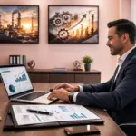 Чоловік працює за комп'ютером.