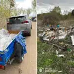 Авто з причепом, завантаженим сміттям, і смітник.