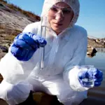 Лаборантка набирає воду з водойми в пробірку.