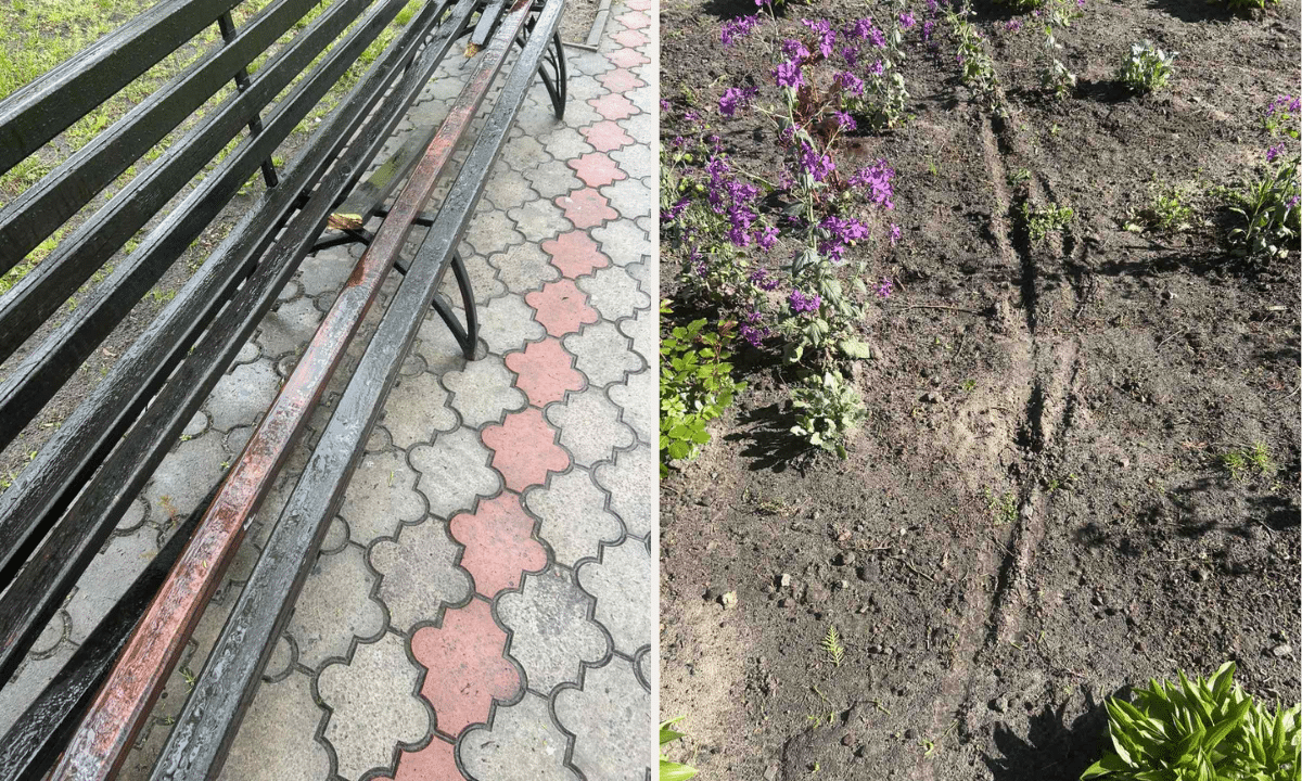 Пошкоджена лавка і клумба.